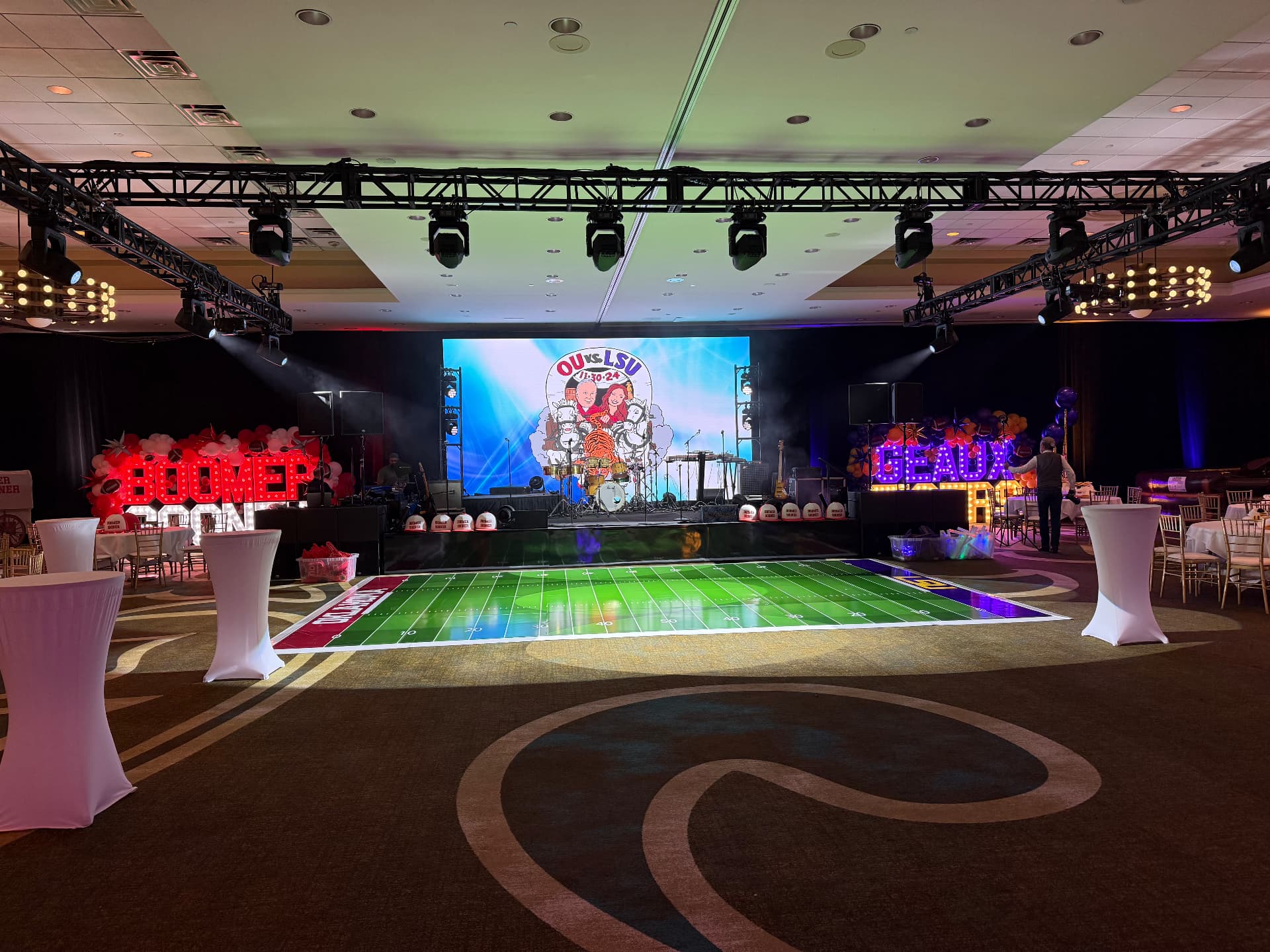 Scenic equipment set up for a live event in New Orleans