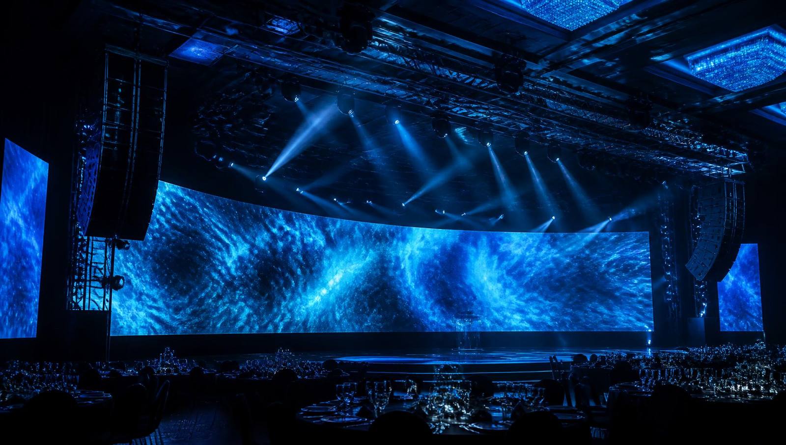 LED video wall, stage lighting and line array audio on a New Orleans event stage